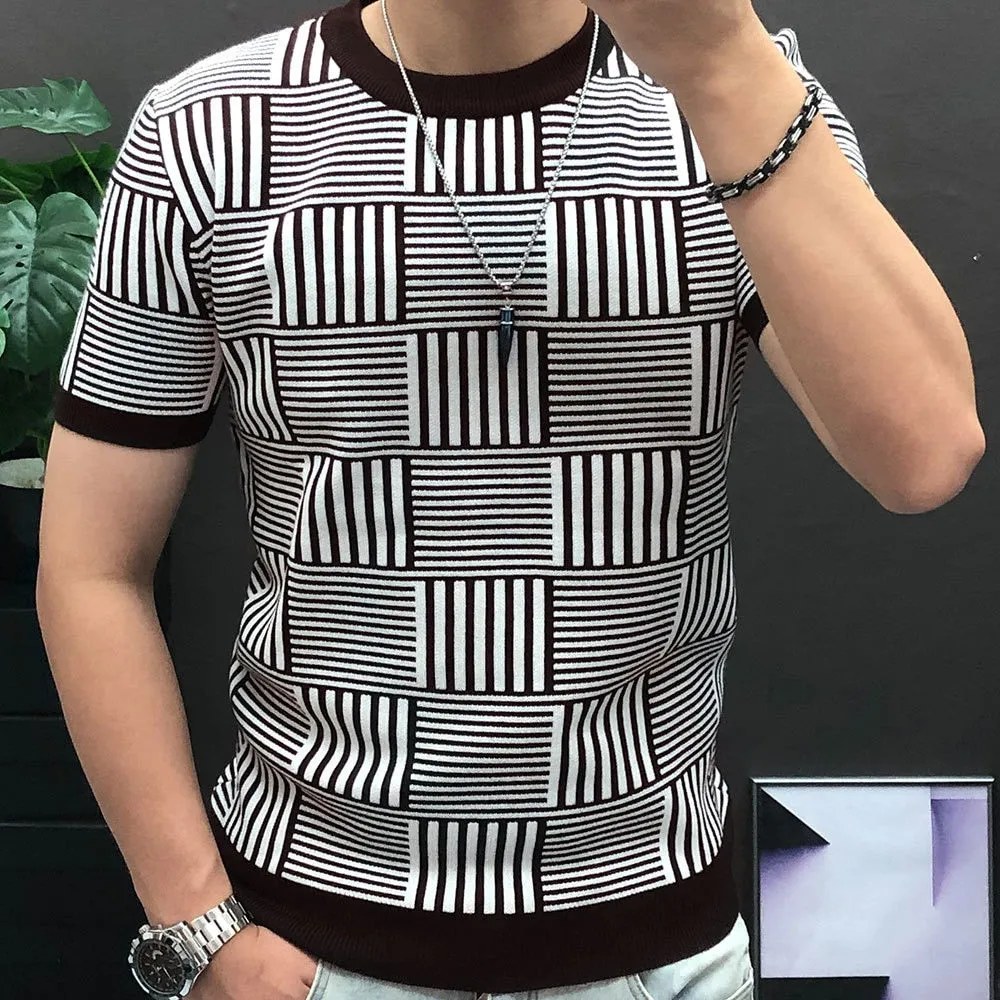 Men's High Elasticity Contrast Diamond Checkered Knitted Streetwear T-Shirt