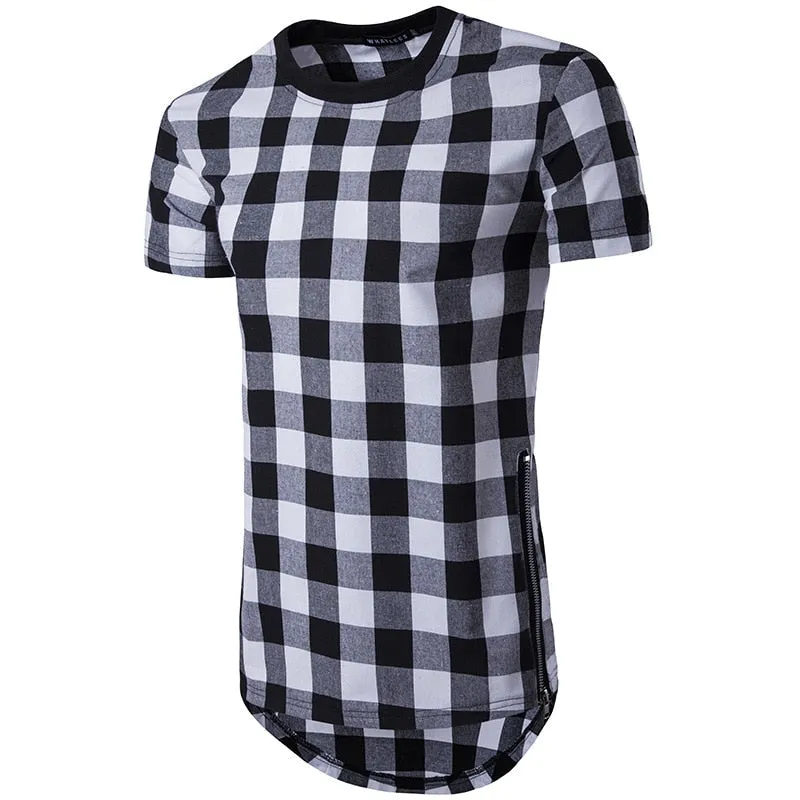 Men's Hip Hop Fashion Cotton Plaid Pattern Streetwear Side Zipper T-Shirt