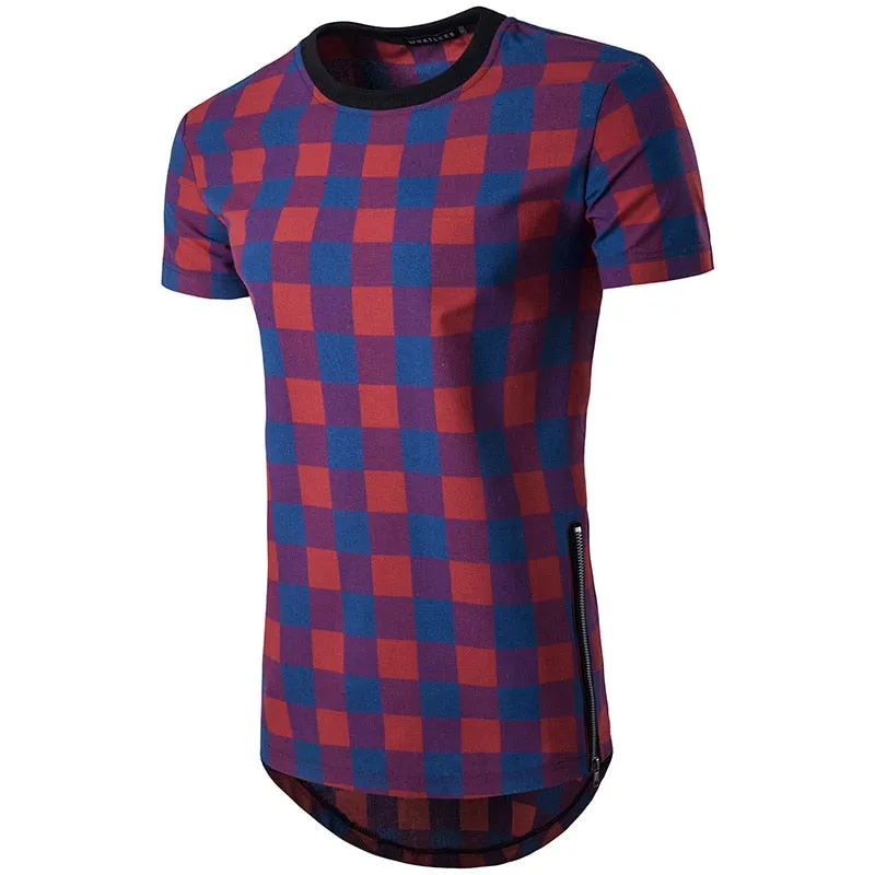 Men's Hip Hop Fashion Cotton Plaid Pattern Streetwear Side Zipper T-Shirt