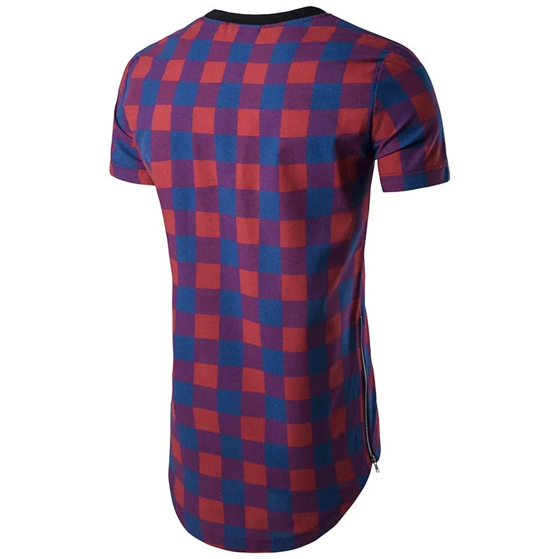 Men's Hip Hop Fashion Cotton Plaid Pattern Streetwear Side Zipper T-Shirt