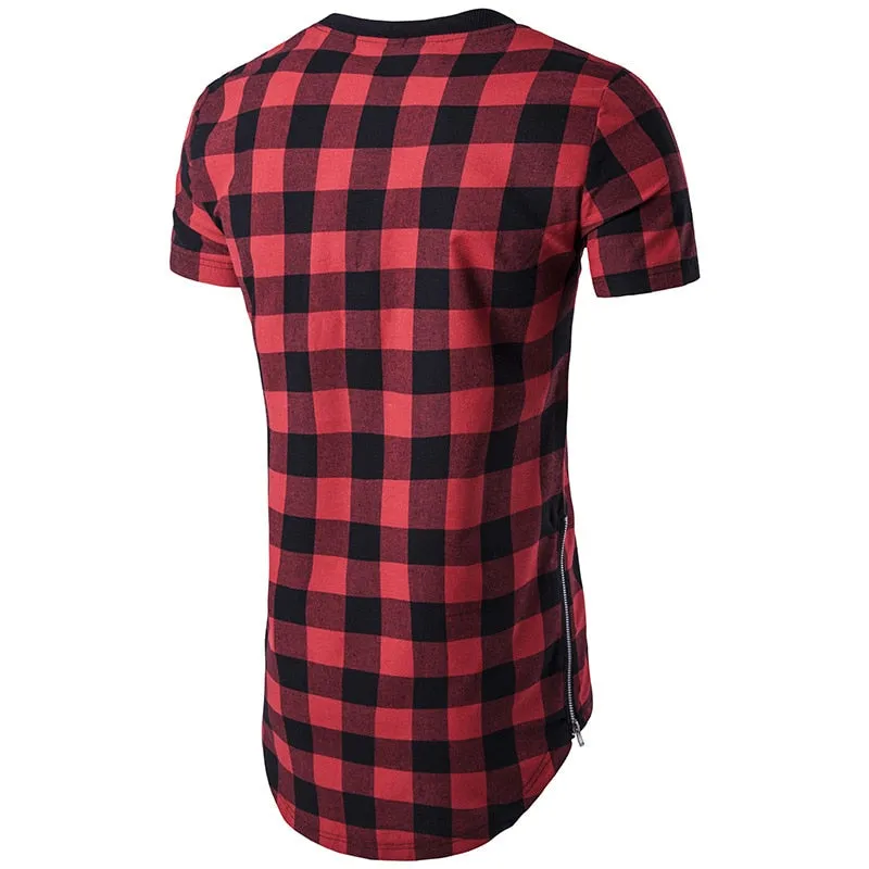 Men's Hip Hop Fashion Cotton Plaid Pattern Streetwear Side Zipper T-Shirt