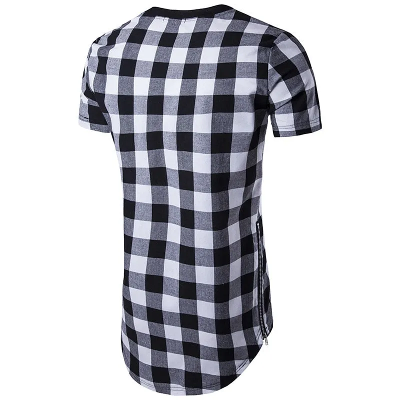 Men's Hip Hop Fashion Cotton Plaid Pattern Streetwear Side Zipper T-Shirt