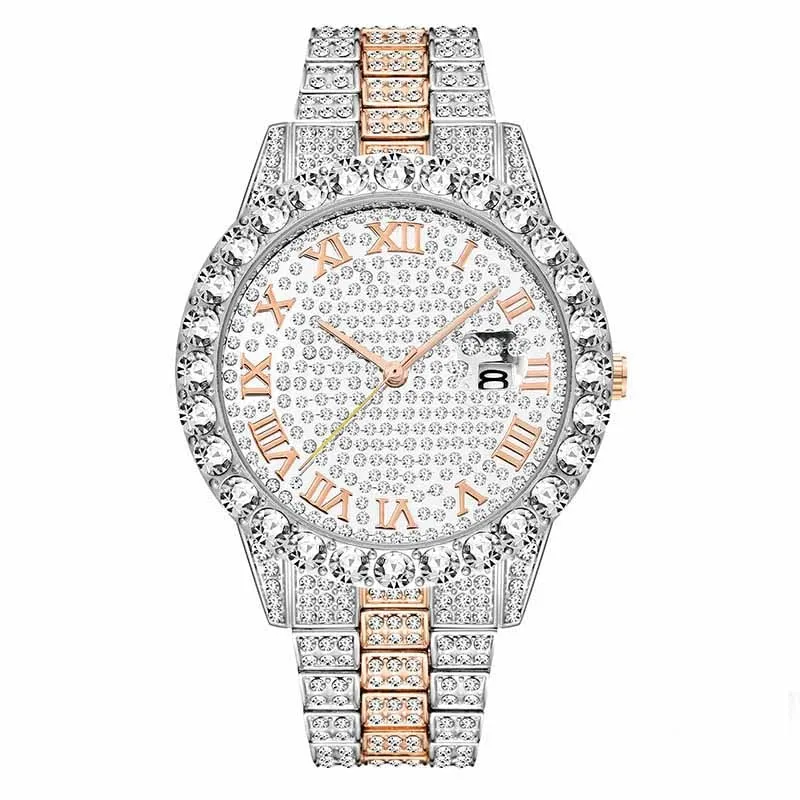 Men's Luxury Gold Diamond Link Analog Stainless Steel Quartz Wristwatch