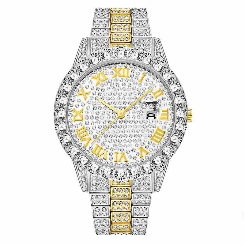 Men's Luxury Gold Diamond Link Analog Stainless Steel Quartz Wristwatch