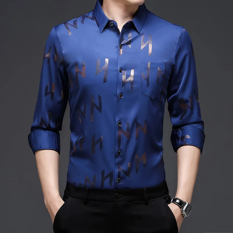 Men's Luxury Letter Printed Casual Long Sleeve Shirt with Pocket