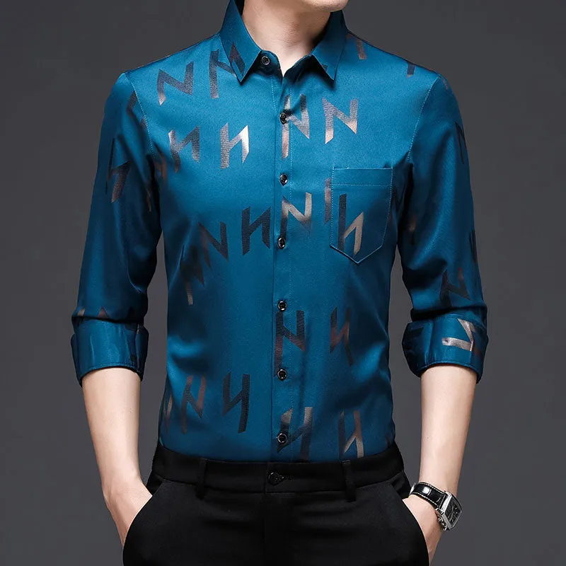 Men's Luxury Letter Printed Casual Long Sleeve Shirt with Pocket