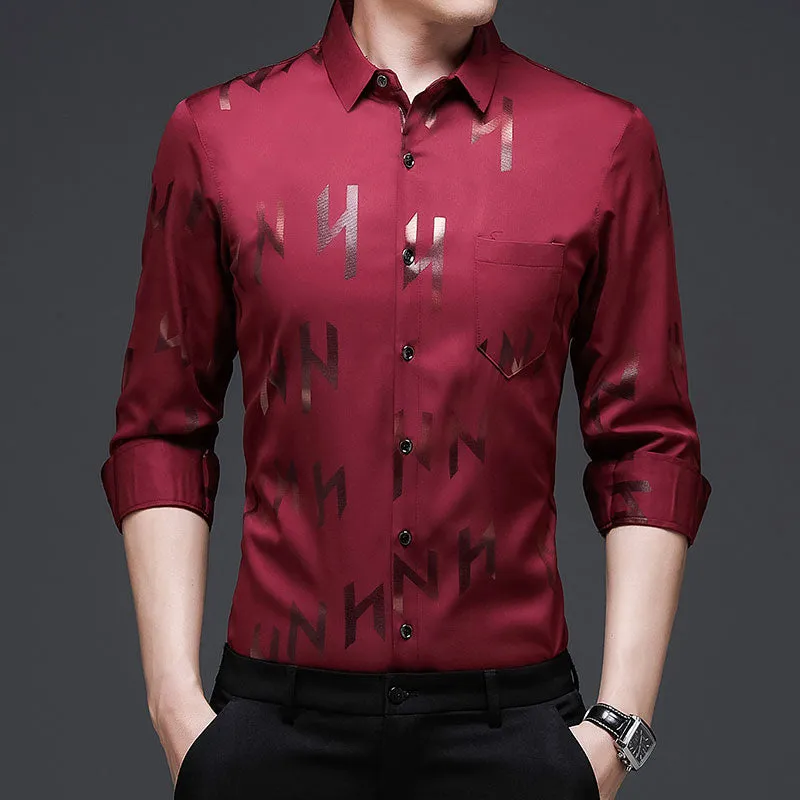 Men's Luxury Letter Printed Casual Long Sleeve Shirt with Pocket