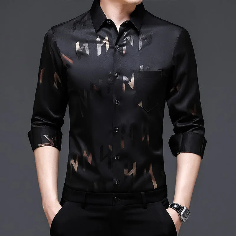 Men's Luxury Letter Printed Casual Long Sleeve Shirt with Pocket