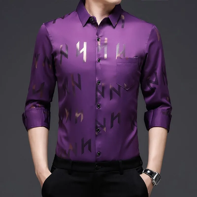 Men's Luxury Letter Printed Casual Long Sleeve Shirt with Pocket