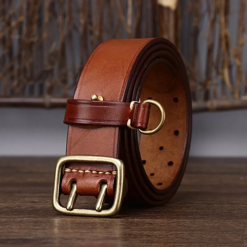 Men's Luxury Solid Thick Cowhide Double Copper Buckle Trouser Belt