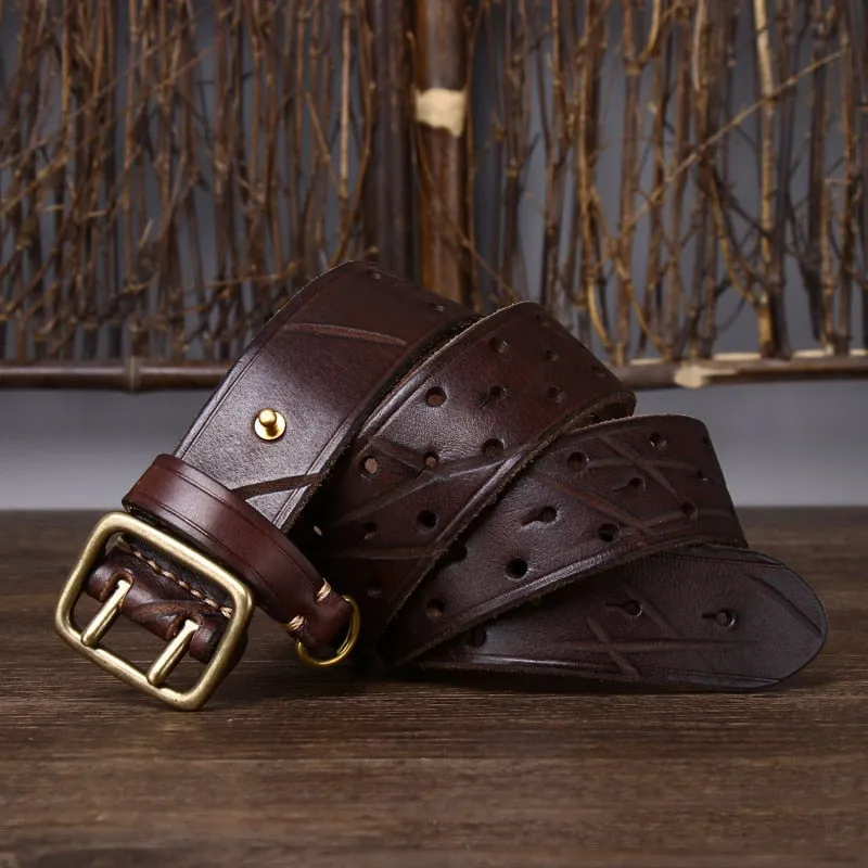 Men's Luxury Solid Thick Cowhide Double Copper Buckle Trouser Belt