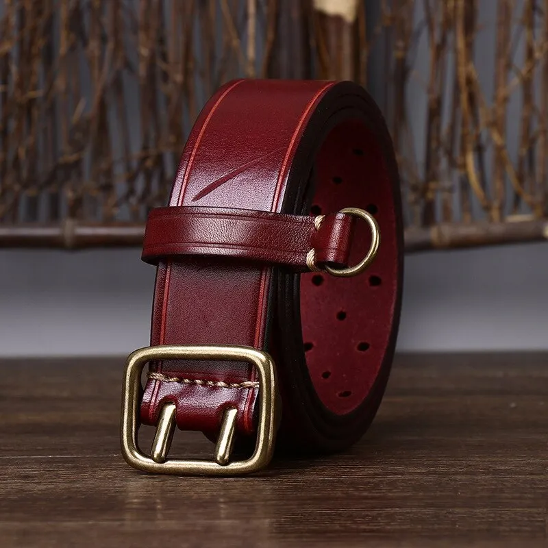 Men's Luxury Solid Thick Cowhide Double Copper Buckle Trouser Belt