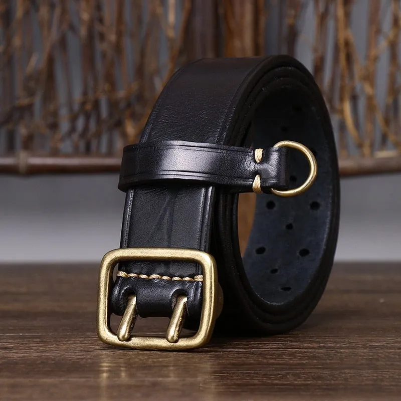 Men's Luxury Solid Thick Cowhide Double Copper Buckle Trouser Belt