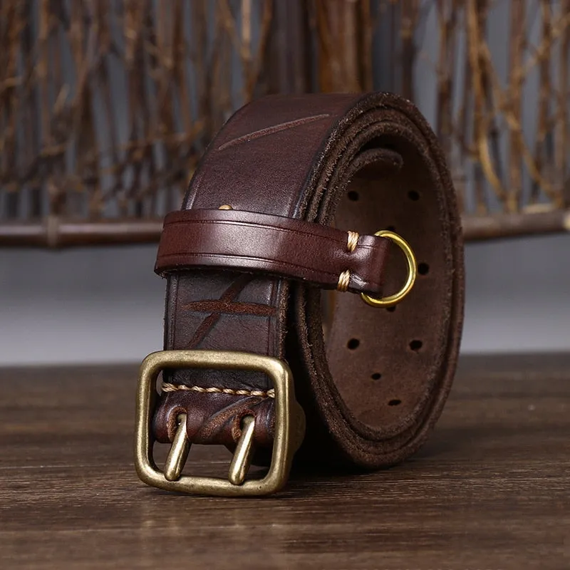 Men's Luxury Solid Thick Cowhide Double Copper Buckle Trouser Belt