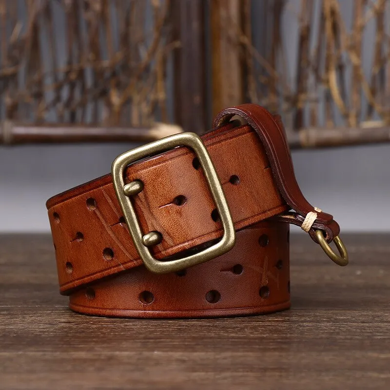 Men's Luxury Solid Thick Cowhide Double Copper Buckle Trouser Belt