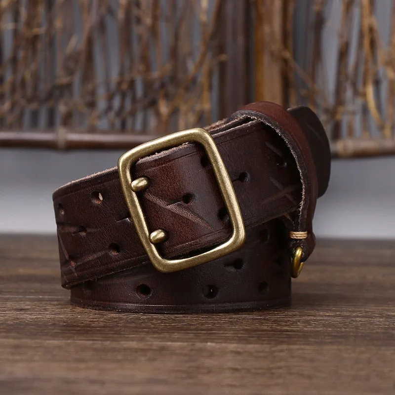 Men's Luxury Solid Thick Cowhide Double Copper Buckle Trouser Belt