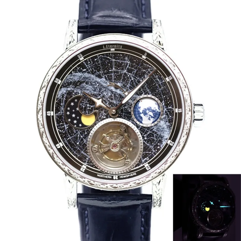 Men's Milky Way 3D Rotate Earth Automatic Tourbillon Mechanical Watch