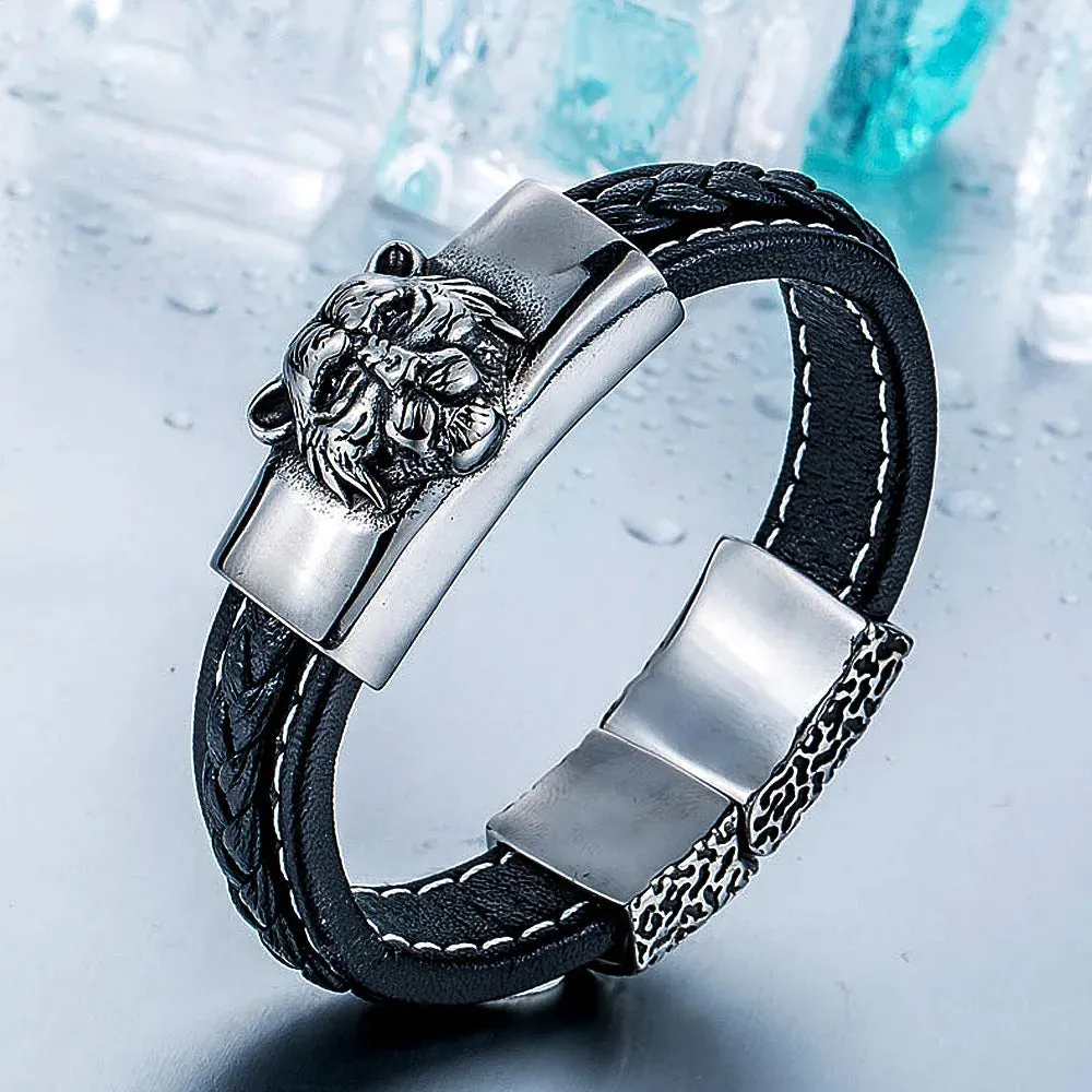 Men's Retro Punk Stainless Steel Tiger Head Synthetic Leather Strap Bracelet