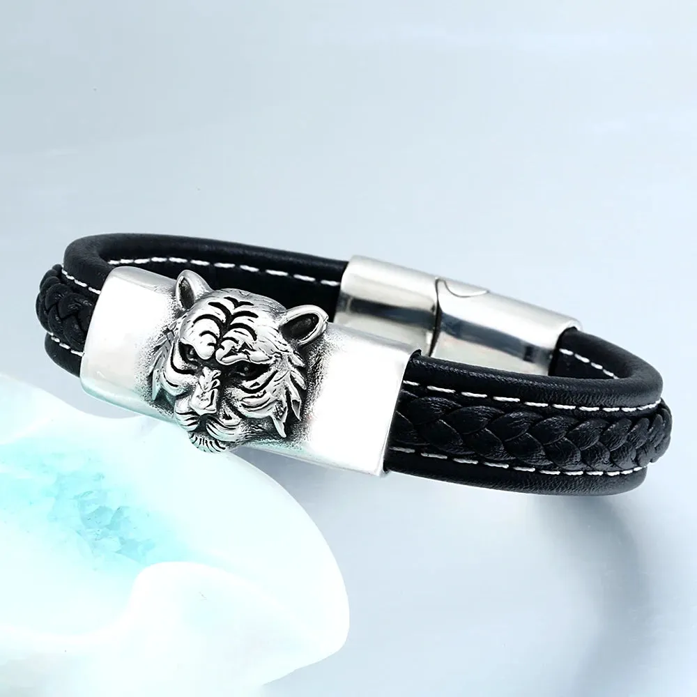 Men's Retro Punk Stainless Steel Tiger Head Synthetic Leather Strap Bracelet