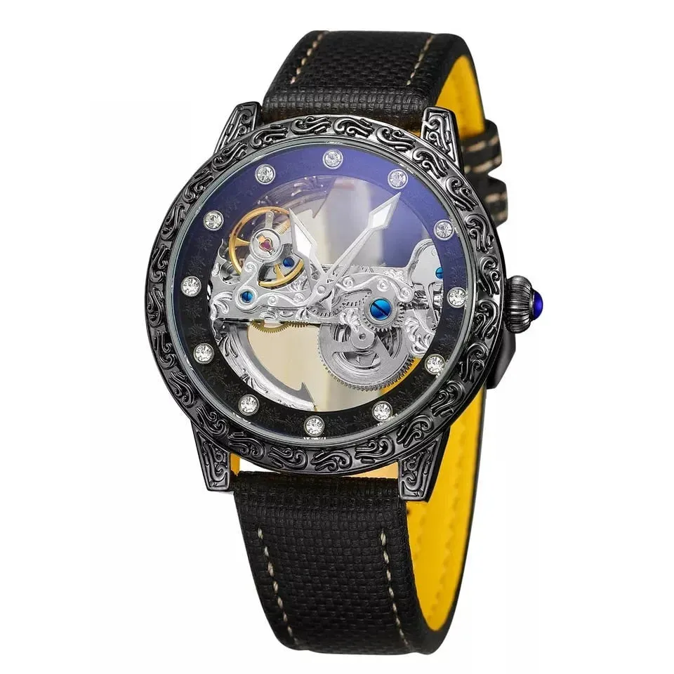 Men's Skeleton Synthetic Leather Luminous Automatic Self-wind Wristwatch