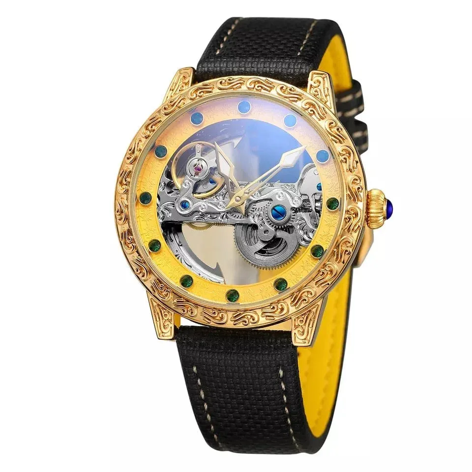 Men's Skeleton Synthetic Leather Luminous Automatic Self-wind Wristwatch