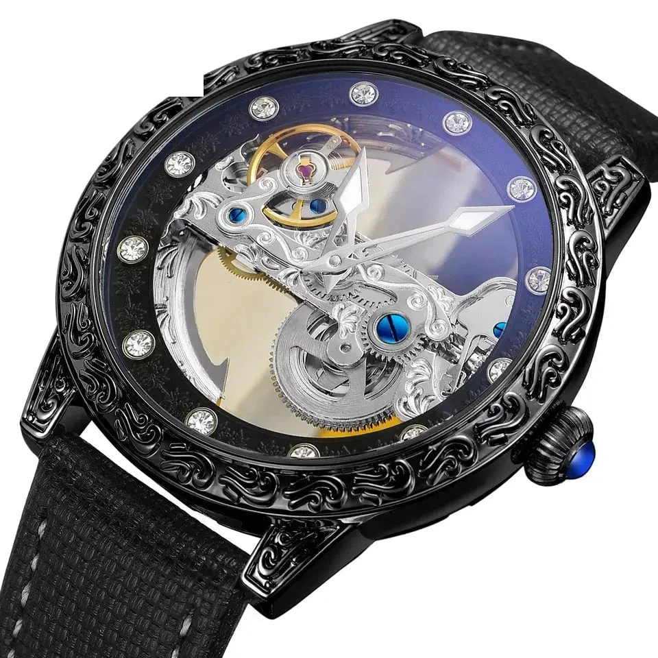 Men's Skeleton Synthetic Leather Luminous Automatic Self-wind Wristwatch