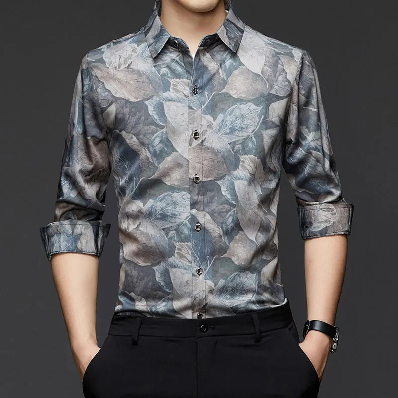 Men's Square Collar Floral Pattern Korean Fashion Long Sleeve Shirt