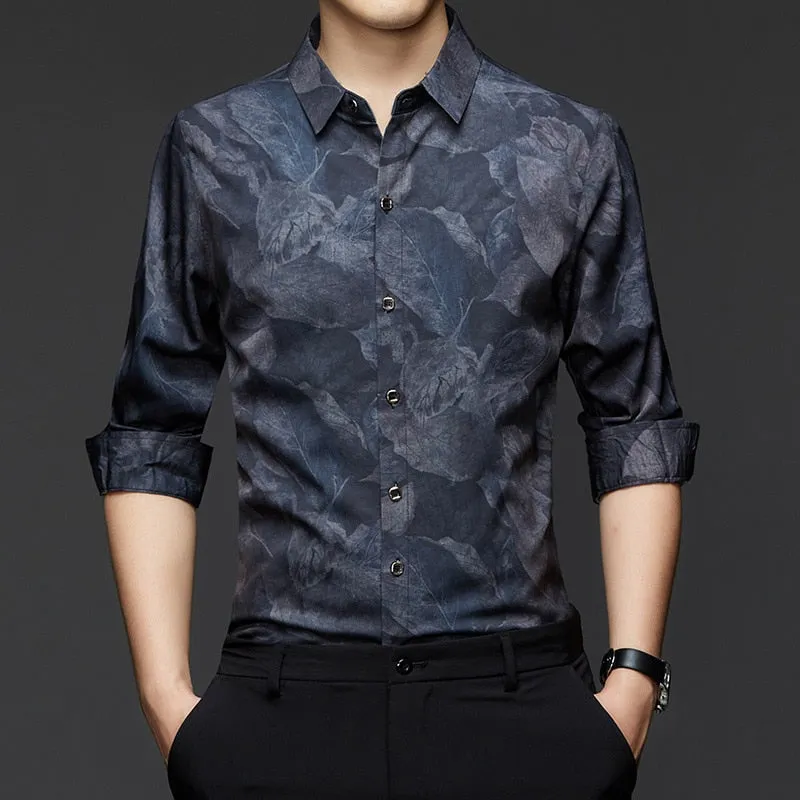 Men's Square Collar Floral Pattern Korean Fashion Long Sleeve Shirt