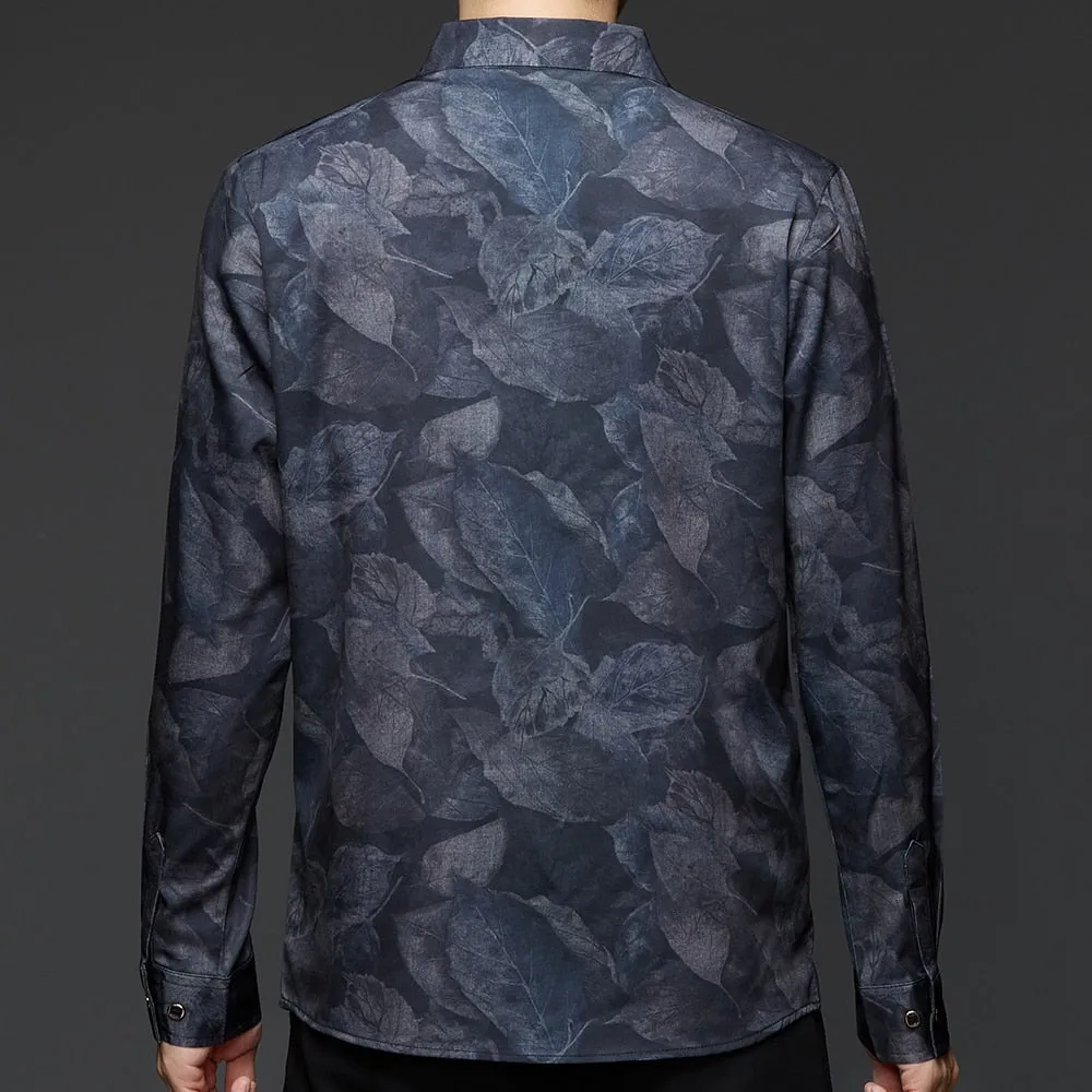 Men's Square Collar Floral Pattern Korean Fashion Long Sleeve Shirt