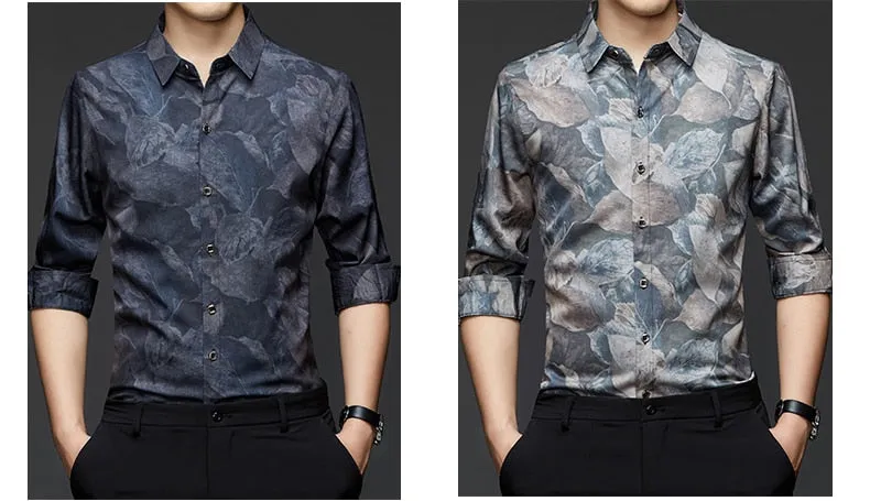 Men's Square Collar Floral Pattern Korean Fashion Long Sleeve Shirt