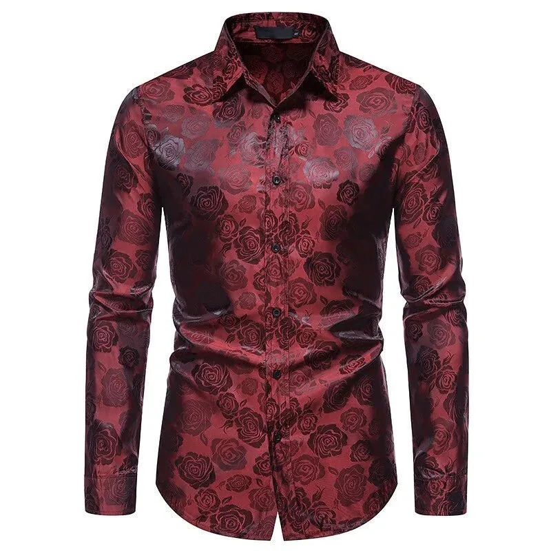 Men's Vintage Casual floral Printed Pattern Slim Fit Long Sleeve Shirt