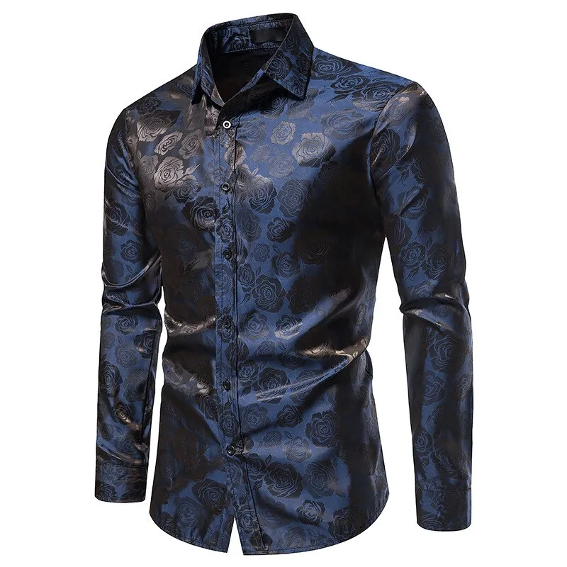 Men's Vintage Casual floral Printed Pattern Slim Fit Long Sleeve Shirt