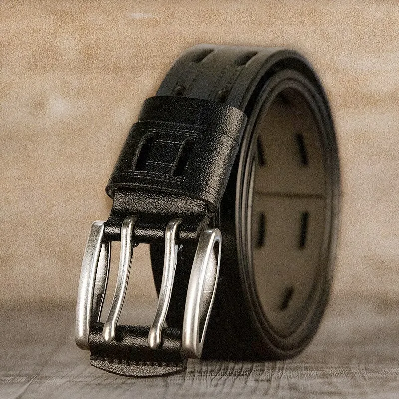 Men's Vintage Fashion Split Leather Double Needle Pin Buckle Jeans Belt