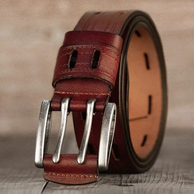 Men's Vintage Fashion Split Leather Double Needle Pin Buckle Jeans Belt