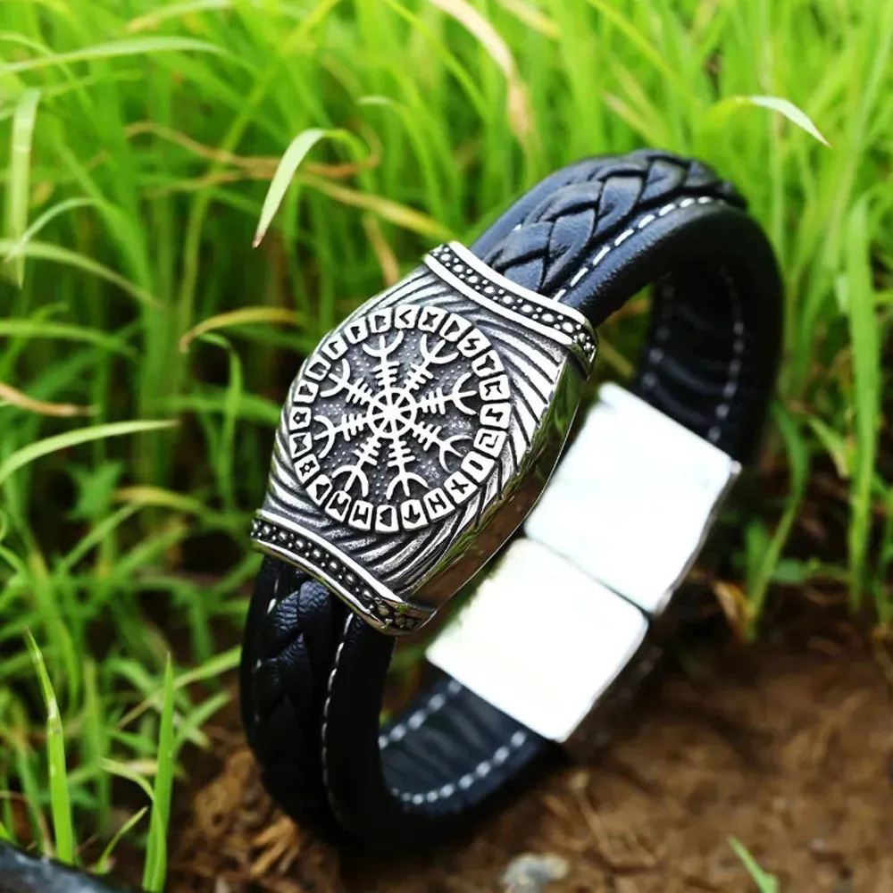 Men's Vintage Odin Viking Rune Stainless Steel Leather Strap Bracelet