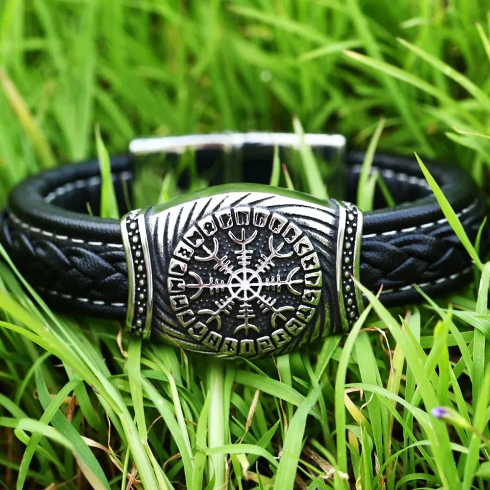 Men's Vintage Odin Viking Rune Stainless Steel Leather Strap Bracelet