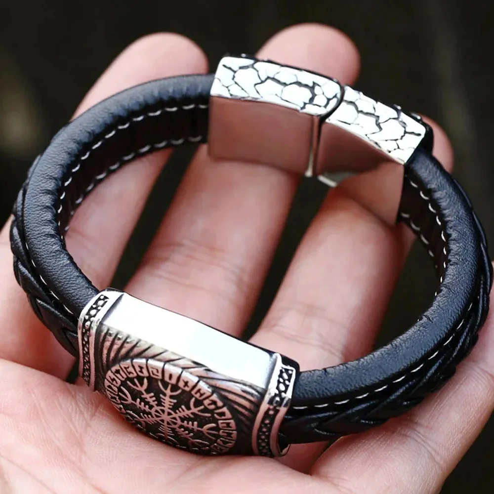 Men's Vintage Odin Viking Rune Stainless Steel Leather Strap Bracelet