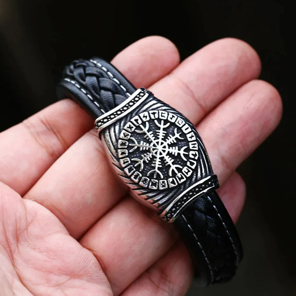 Men's Vintage Odin Viking Rune Stainless Steel Leather Strap Bracelet