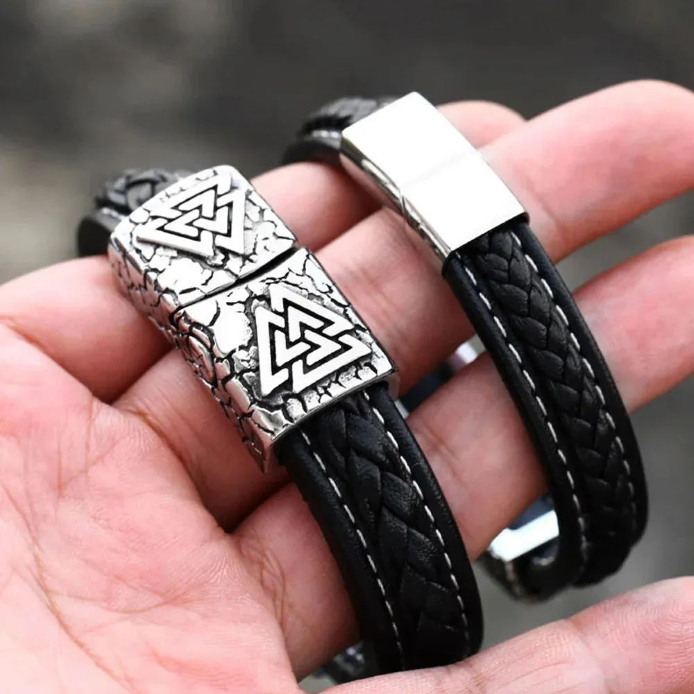 Men's Vintage Odin Viking Rune Stainless Steel Leather Strap Bracelet