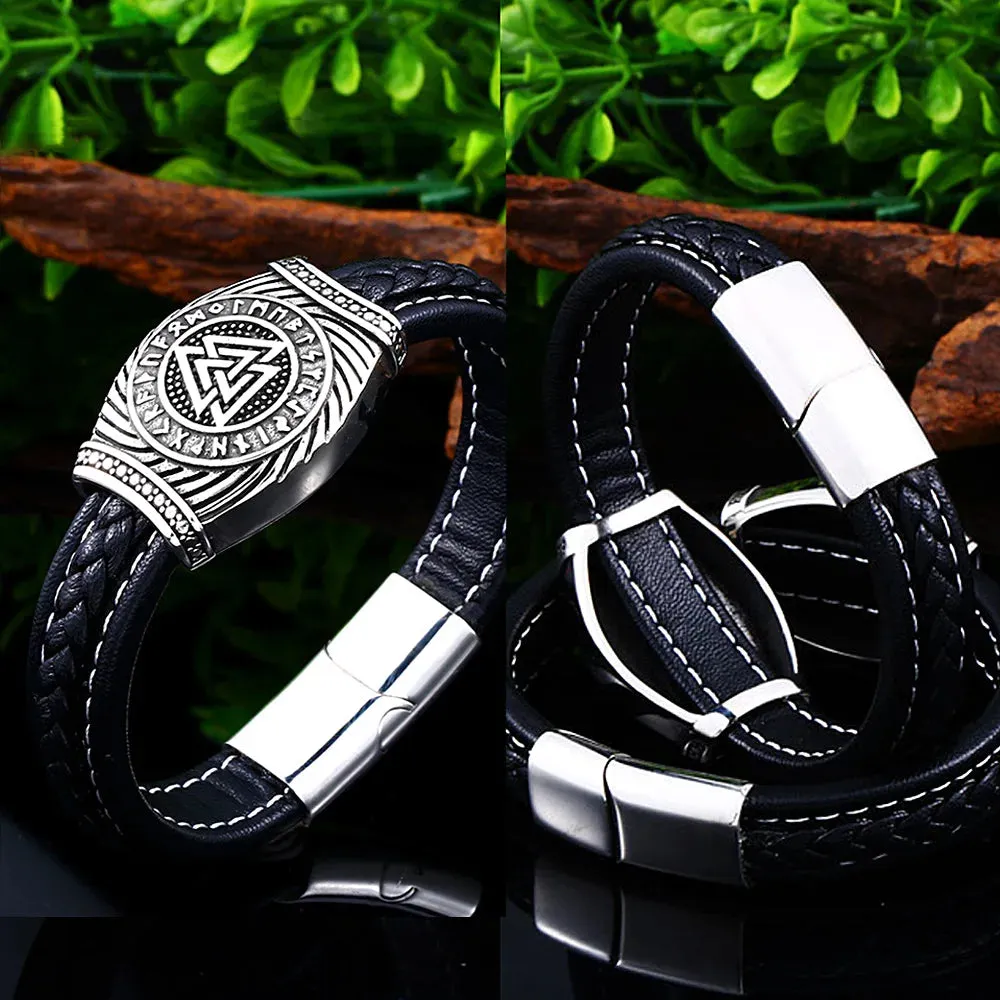 Men's Vintage Odin Viking Rune Stainless Steel Leather Strap Bracelet