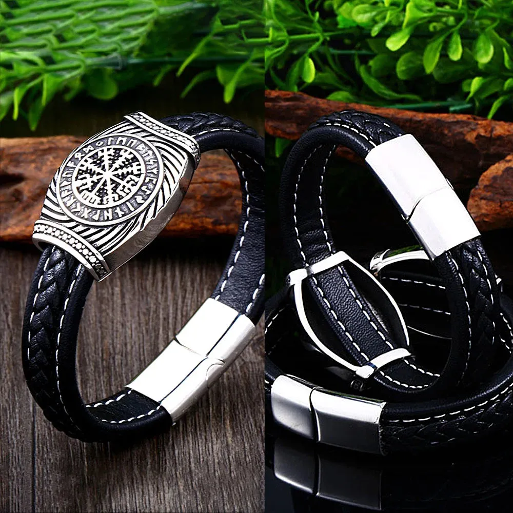 Men's Vintage Odin Viking Rune Stainless Steel Leather Strap Bracelet