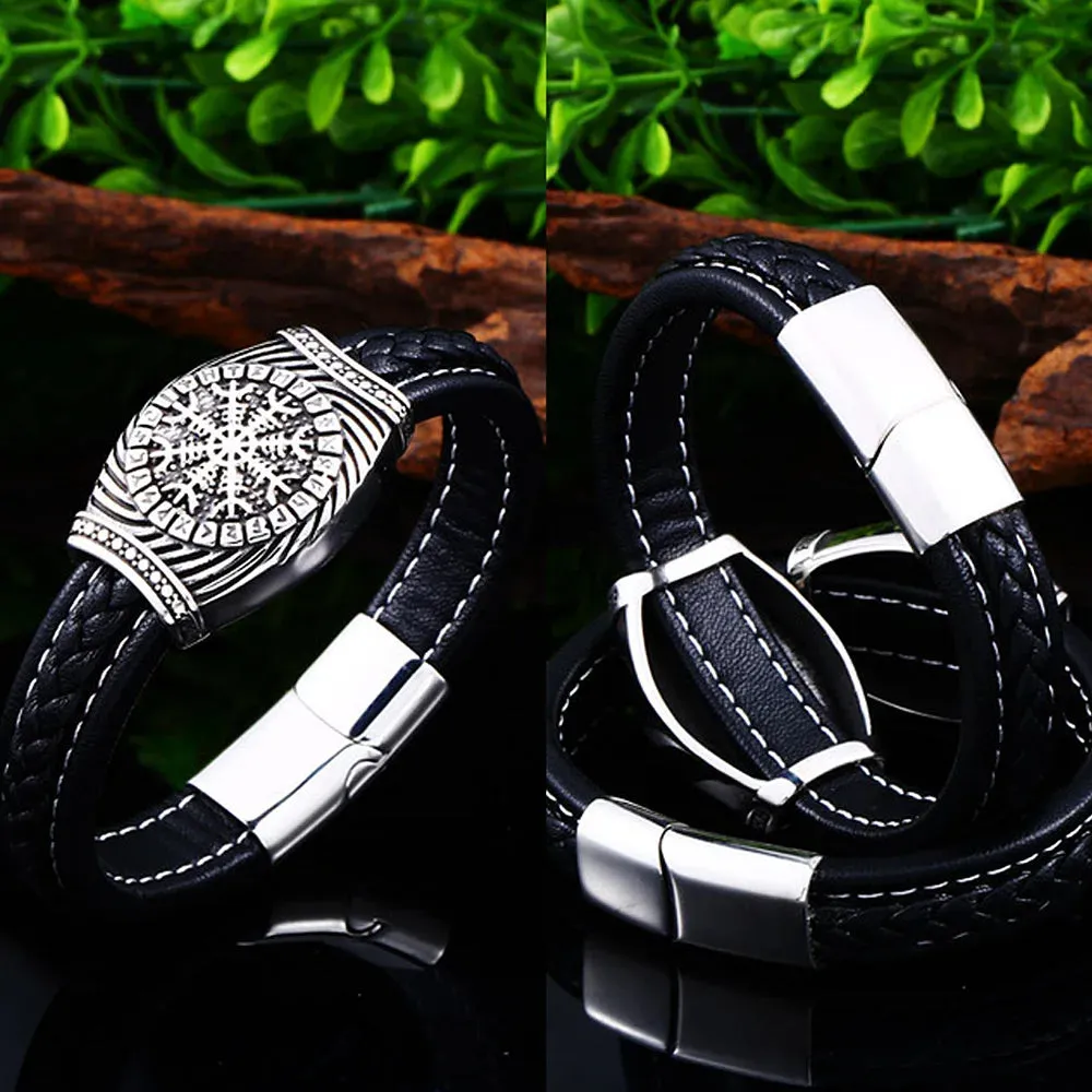 Men's Vintage Odin Viking Rune Stainless Steel Leather Strap Bracelet