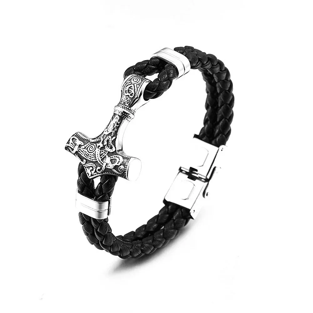 Men's Vintage Stainless Steel Thor's Hammer Leather Strap Bracelet