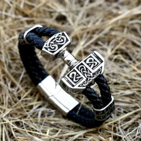 Men's Vintage Stainless Steel Thor's Hammer Leather Strap Bracelet