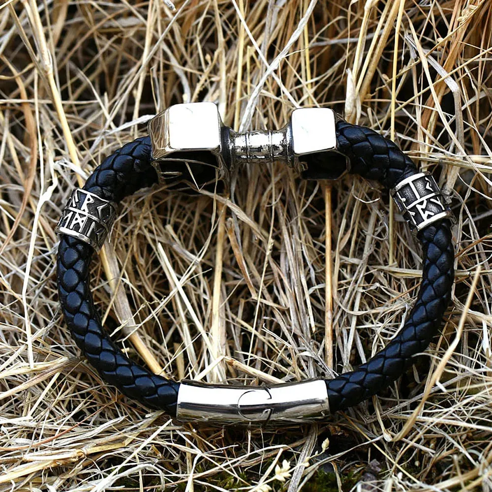 Men's Vintage Stainless Steel Thor's Hammer Leather Strap Bracelet