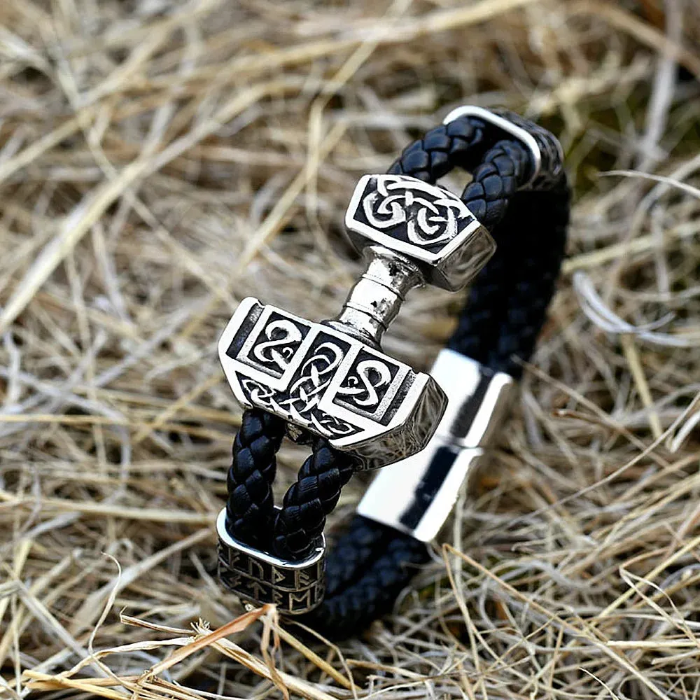 Men's Vintage Stainless Steel Thor's Hammer Leather Strap Bracelet