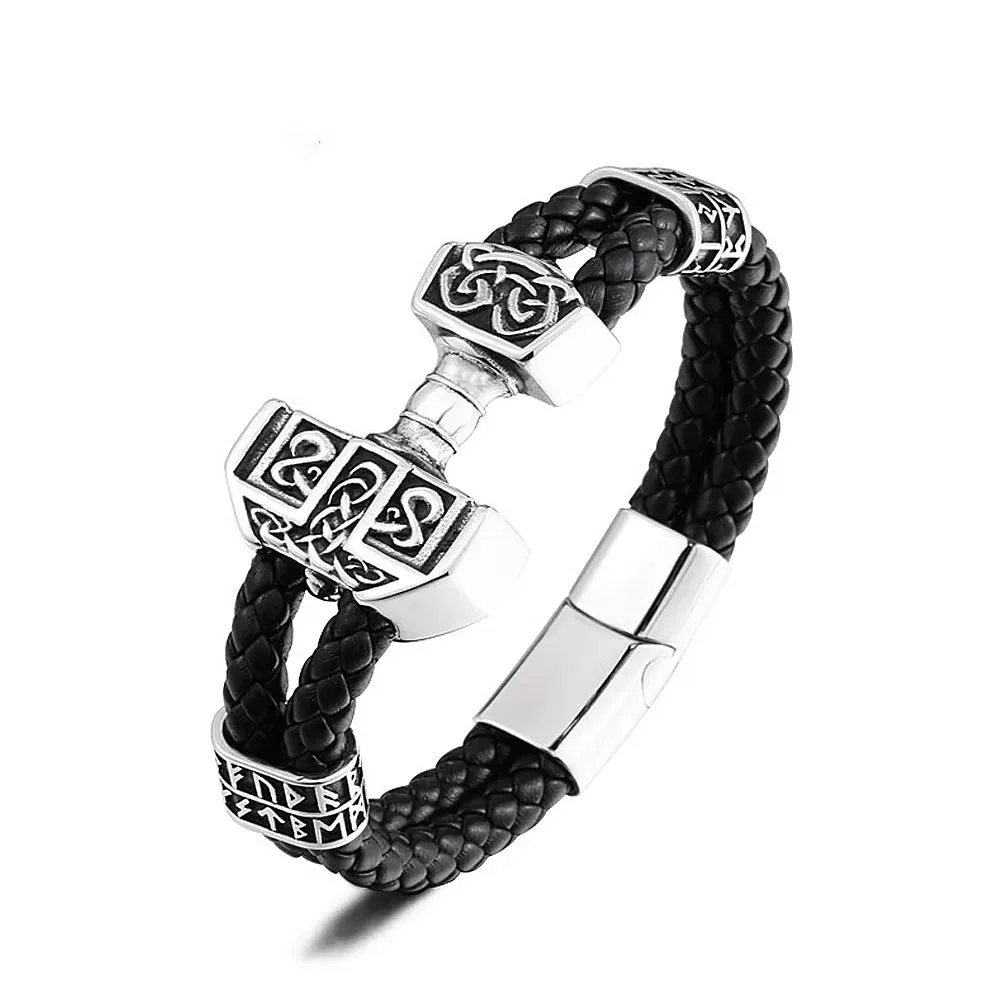 Men's Vintage Stainless Steel Thor's Hammer Leather Strap Bracelet