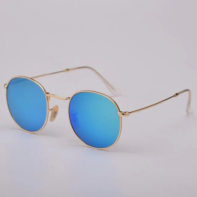 Retro Style Men's Real Glass Lens UV400 Mirror Round Polarized Sunglasses