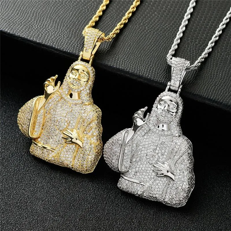 Unisex Iced Out 2 Colors Cz Stone Jesus Pendant Necklace with Chain