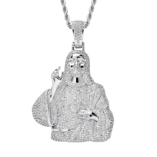 Unisex Iced Out 2 Colors Cz Stone Jesus Pendant Necklace with Chain